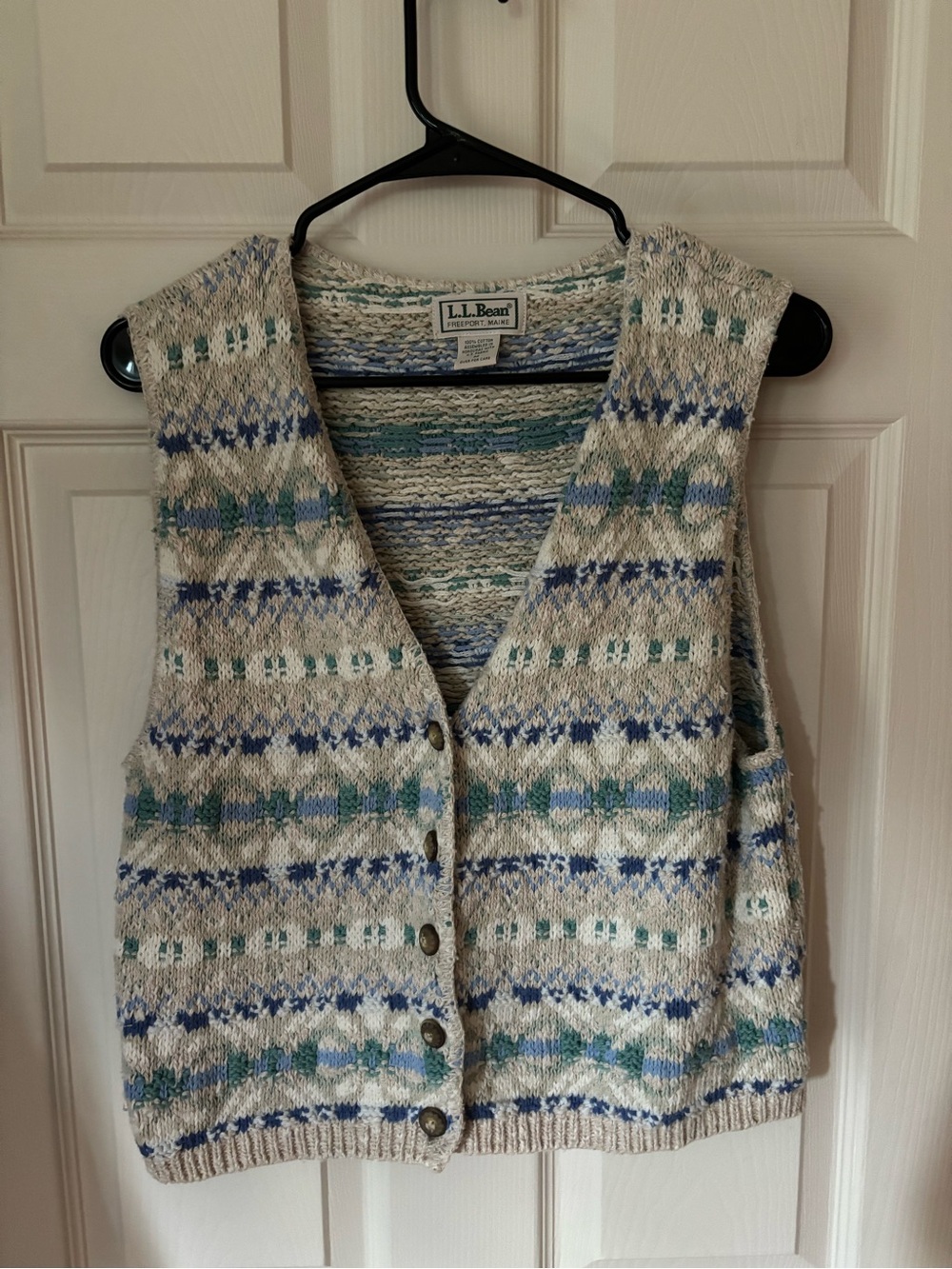 Vintage L.L. Bean Cream Sweater Vest with Blue and Green Fair Isle Pattern